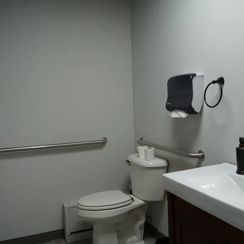 Accessible public restroom with toilet, sink, handrails, paper towel dispenser, and mirror in a clean, simple layout.