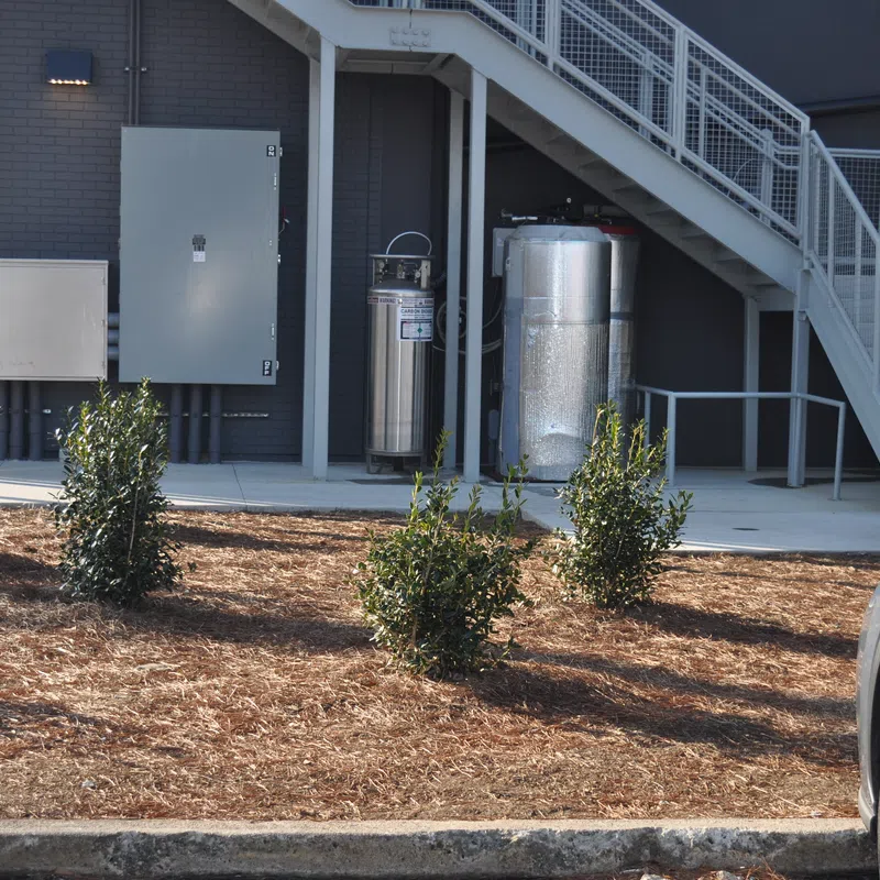 Small shrubs planted in mulch bed outside industrial building with metal stairs and utility tanks nearby