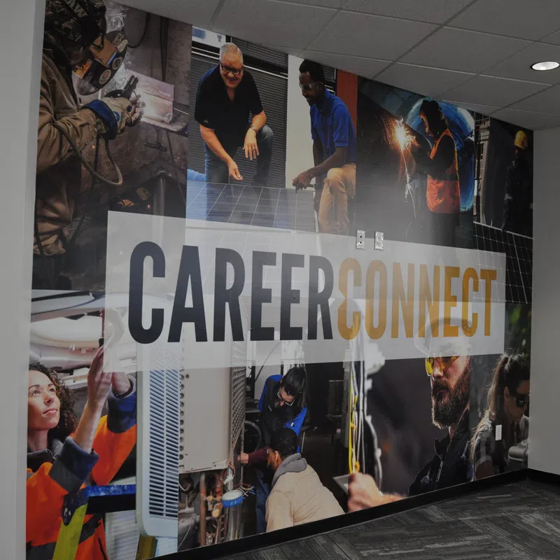 Wall mural featuring the words Career Connect with images of diverse professionals in various trades and careers.