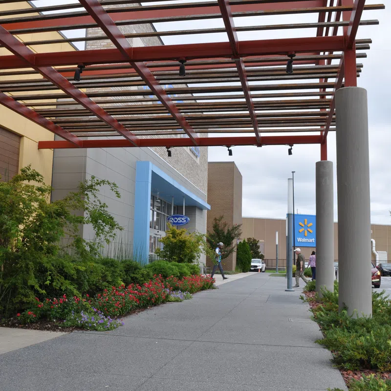 Outdoor walkway with a pergola, landscaped plants, and storefronts for Ross and Walmart in a shopping center.