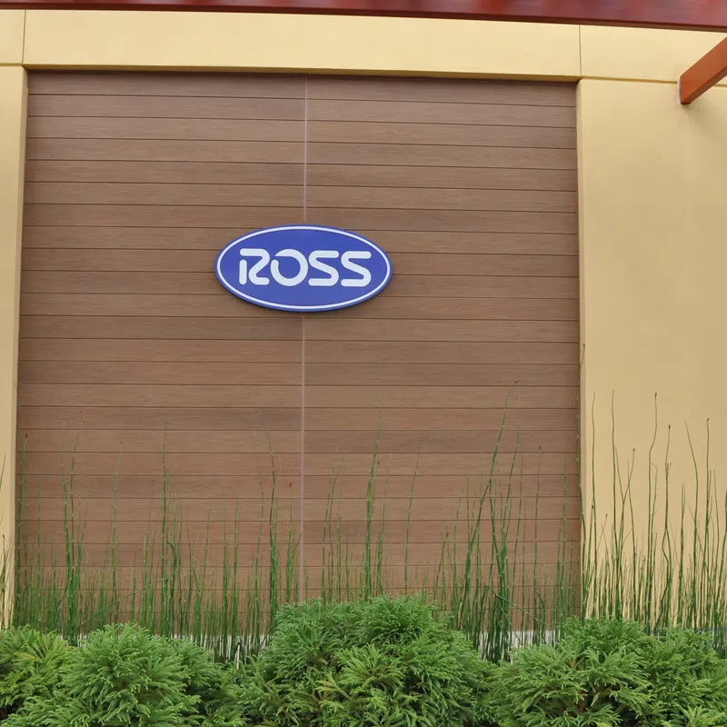 Ross store sign mounted on wooden panel wall with surrounding beige walls and greenery below the sign