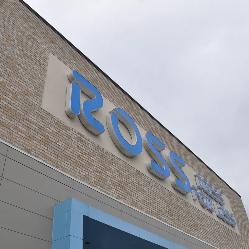 Blue Ross Dress for Less sign on a brick and gray store exterior under cloudy sky.