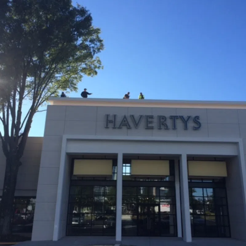 Havertys furniture store exterior with clear blue sky and large tree on the left side.