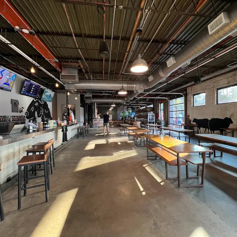 Spacious brewery tasting room with bar stools, wooden tables, industrial ceiling, and wall art of cows and text.