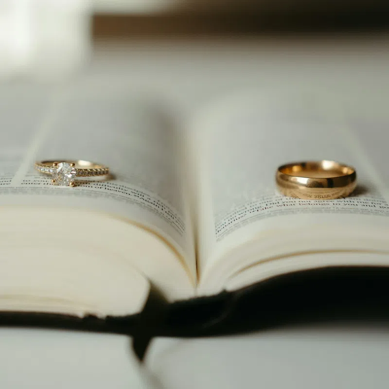 Gold engagement ring and wedding band resting on open book pages symbolizing marriage and commitment