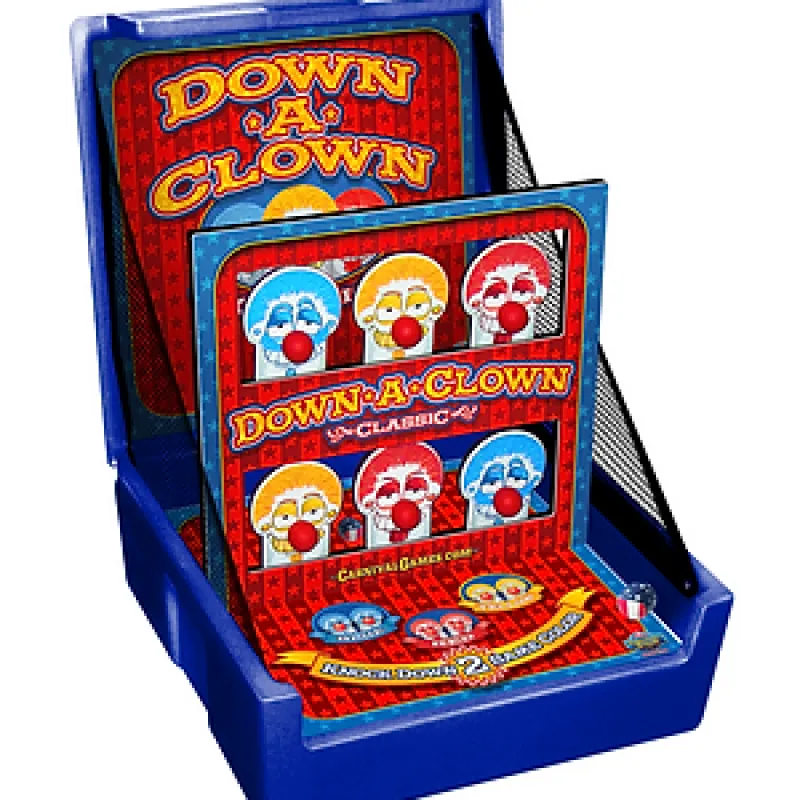 Down A Clown tabletop game with colorful clown faces and red noses in a blue case against white background.