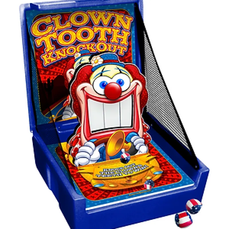 Blue Clown Tooth Knockout skee-ball game featuring a large smiling clown face and patriotic balls.