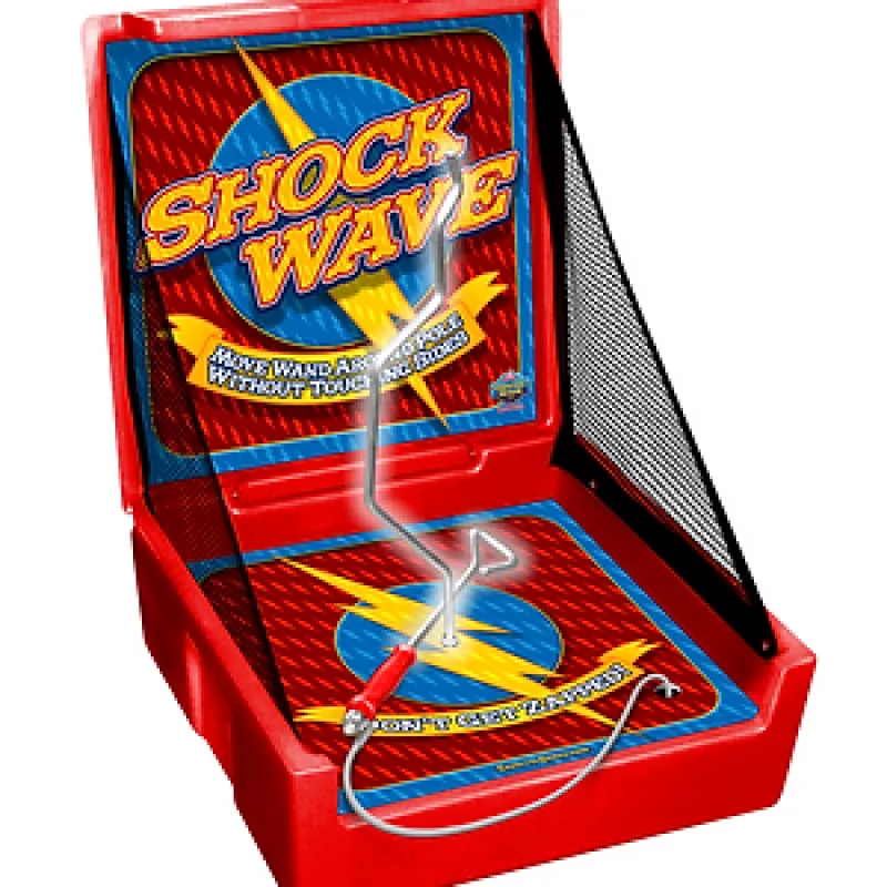 Shock Wave electronic wire loop game with red base, blue and red board, and metal loop wand.