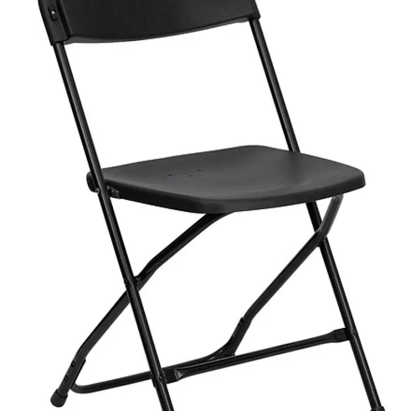 Black folding chair with metal frame and plastic seat and backrest, lightweight and portable design.