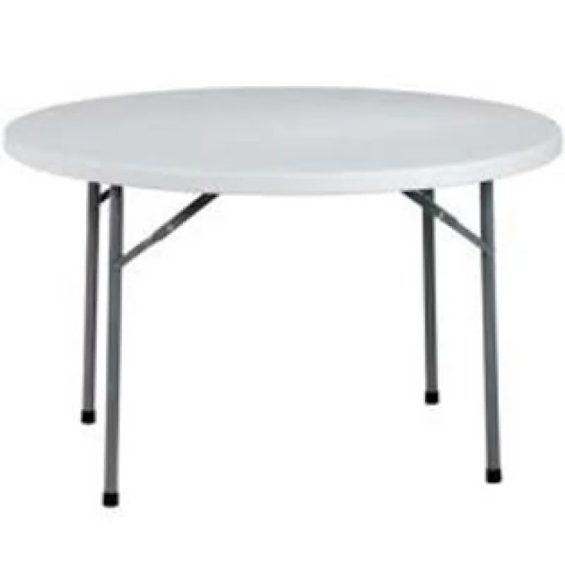 White round folding table with metal legs, ideal for indoor and outdoor use at events or gatherings.