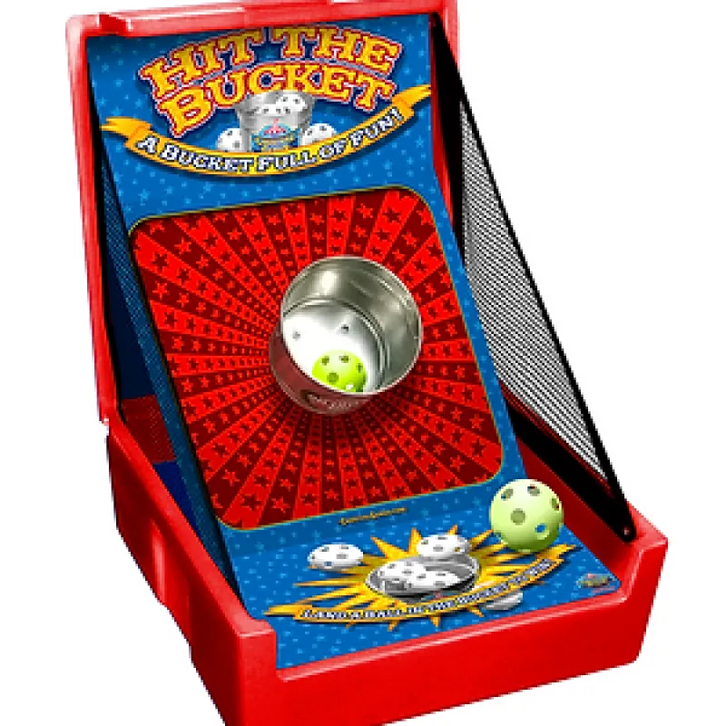 Red and blue tabletop game Hit the Bucket with a bucket target and ping pong balls for tossing fun.