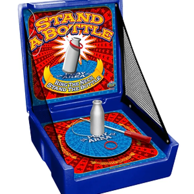 Blue stand-up ring toss game with a bottle and hoop labeled Stand A Bottle Ring Toss.