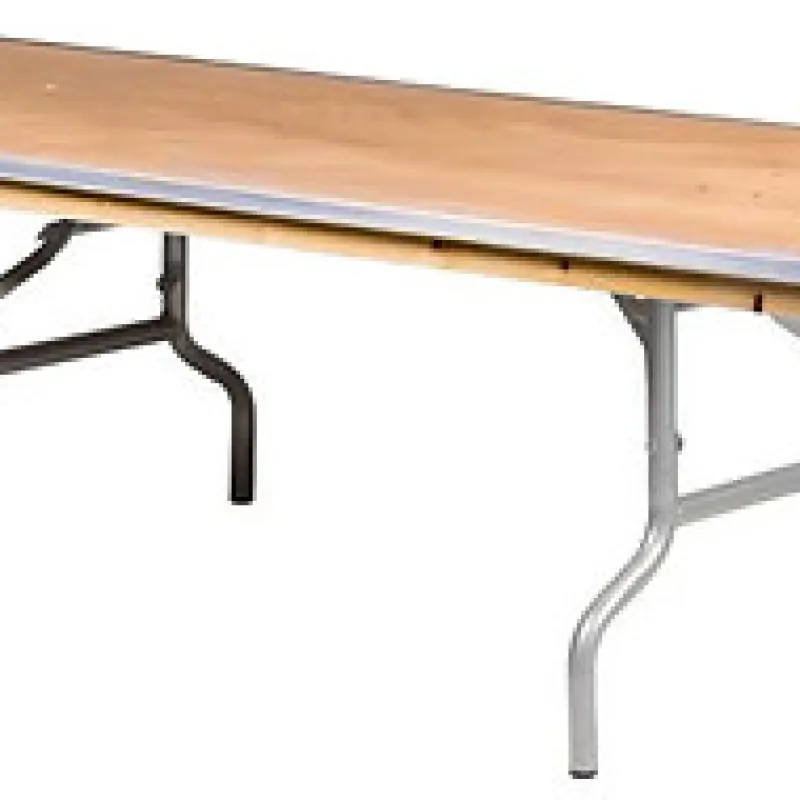 Rectangular folding table with wooden top and metal legs isolated on white background