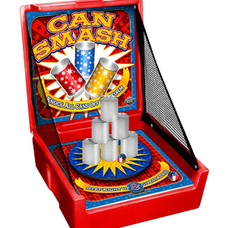 Red Can Smash carnival game with stacked silver cans and a small ball for knocking them down.
