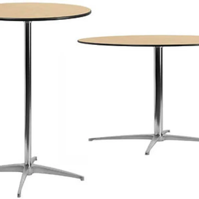 Two modern round tables with wooden tops and metal tripod bases, one taller and one shorter on a white background