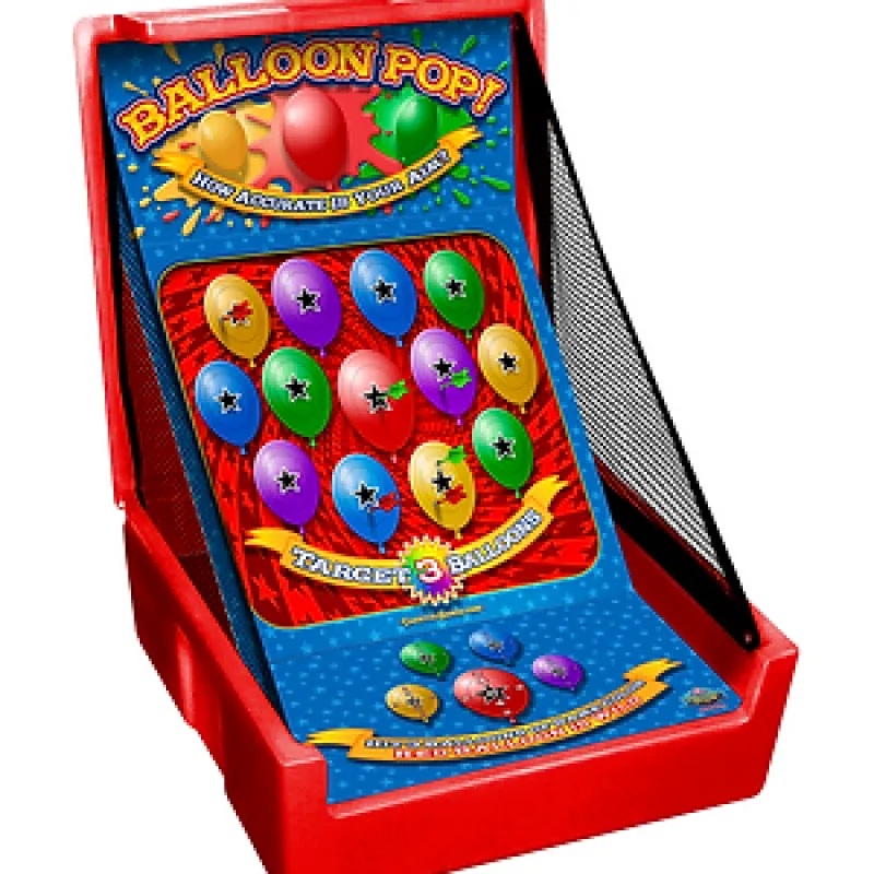 Colorful Balloon Pop carnival game with balloons and darts against a red and blue backdrop