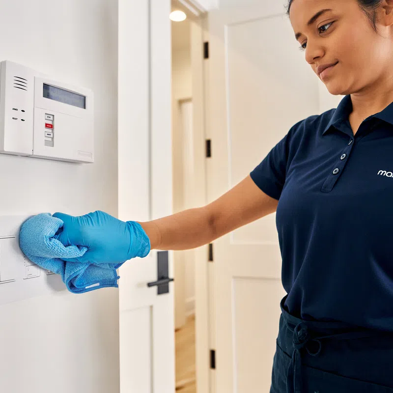 Professional cleaner wearing blue gloves wipes light switches with a cloth in a modern home interior.