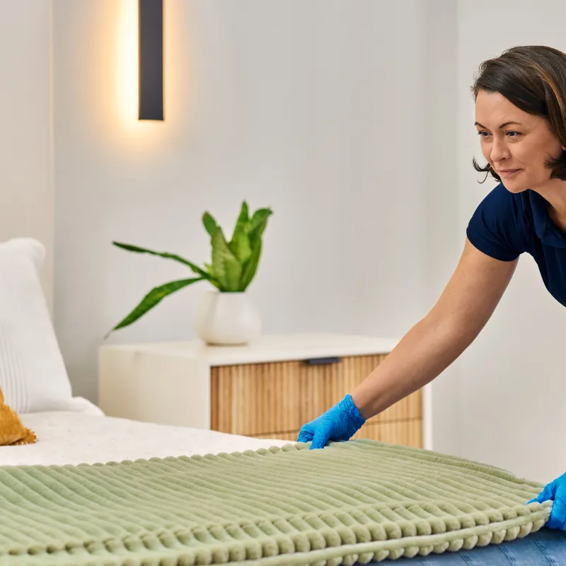 Housekeeper wearing blue gloves making a bed with green blanket in a bright modern bedroom.