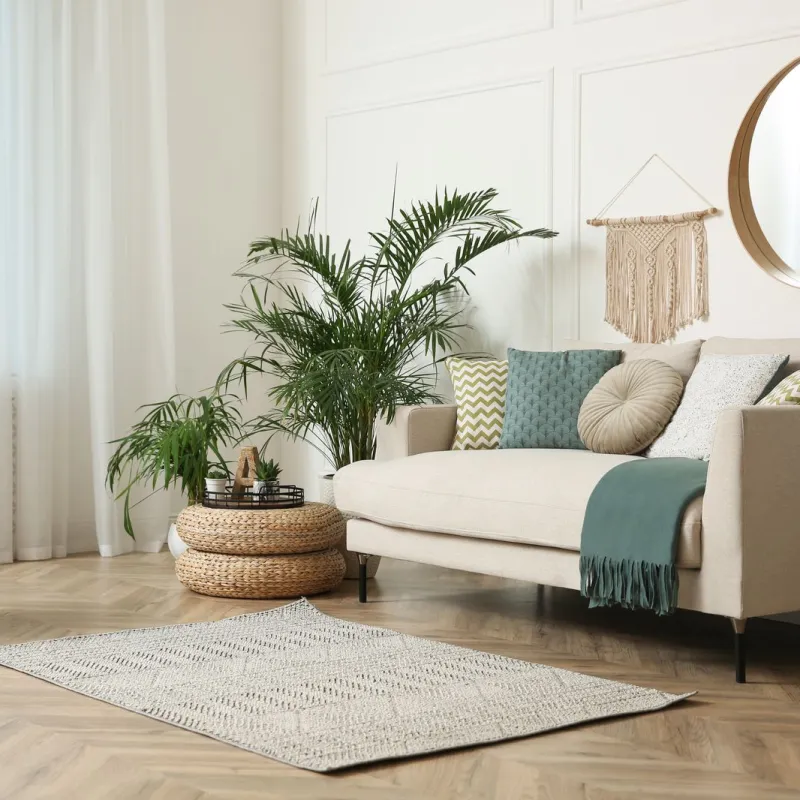 a living room with a white couch and a mirror