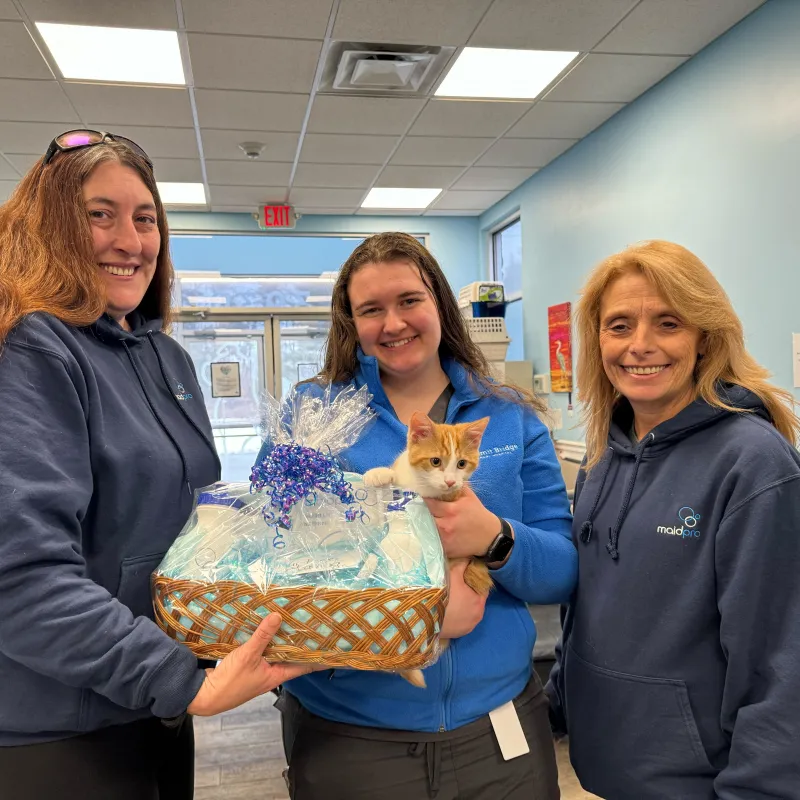 a group of women holding a cat and gift basket