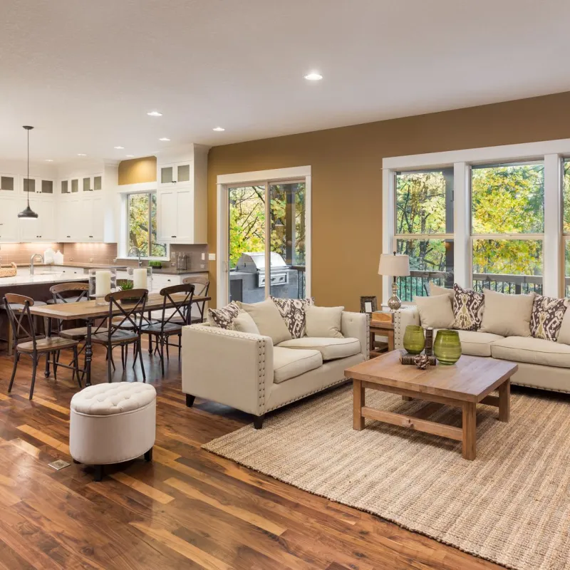 a large living room with a large kitchen and dining area