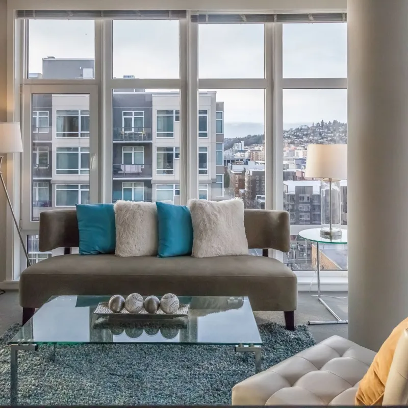 a living room with a large window