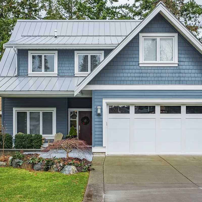 modern house with blue siding