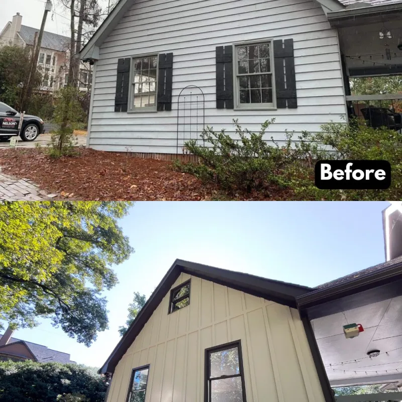 Before and after exterior siding replacement on residential home for time and materials vs cost plus contract project in Marietta by Nelson Exteriors