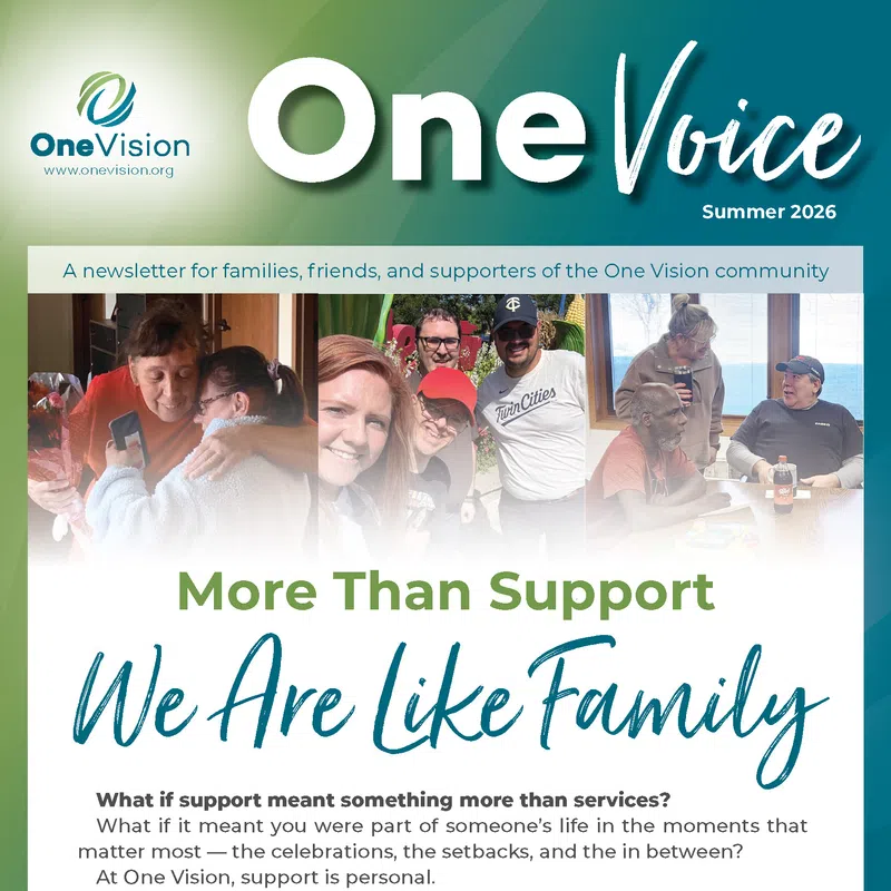 Newsletter cover titled One Voice Summer 2026 with photos of people sharing joyful moments, emphasizing family and support.