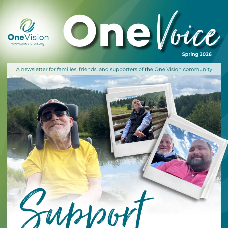 Newsletter cover showing a man in a wheelchair outdoors with supportive family moments and inspiring text about overcoming travel challenges.