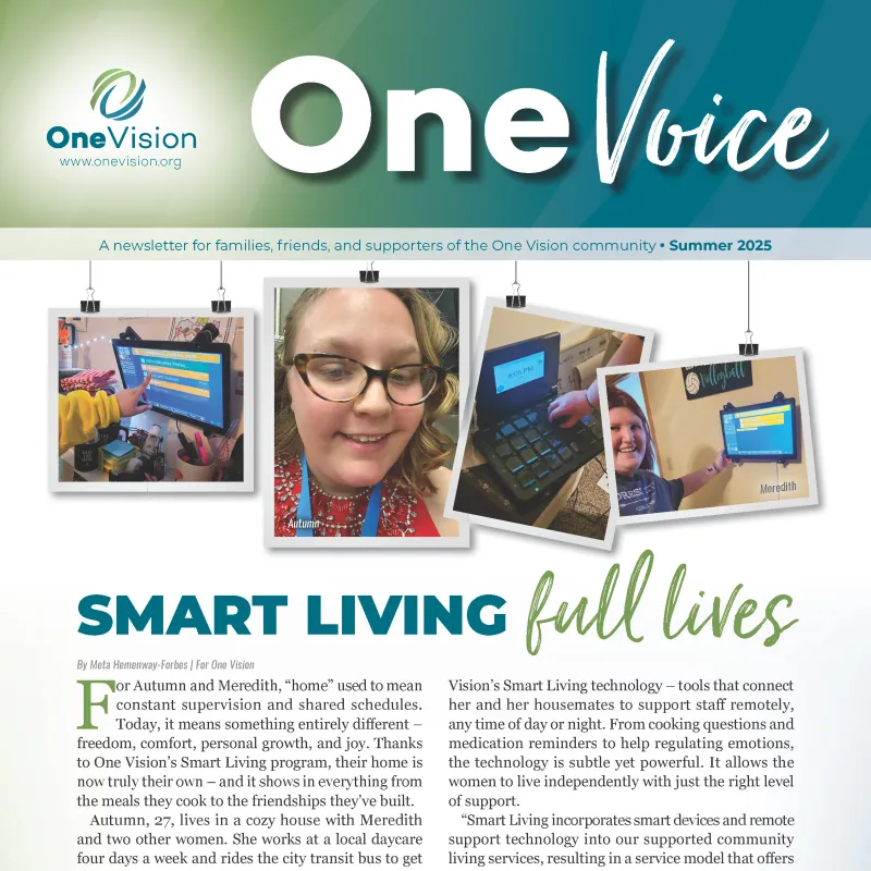 One Voice newsletter summer 2025 with photos of people using smart living technology and story about independent living.
