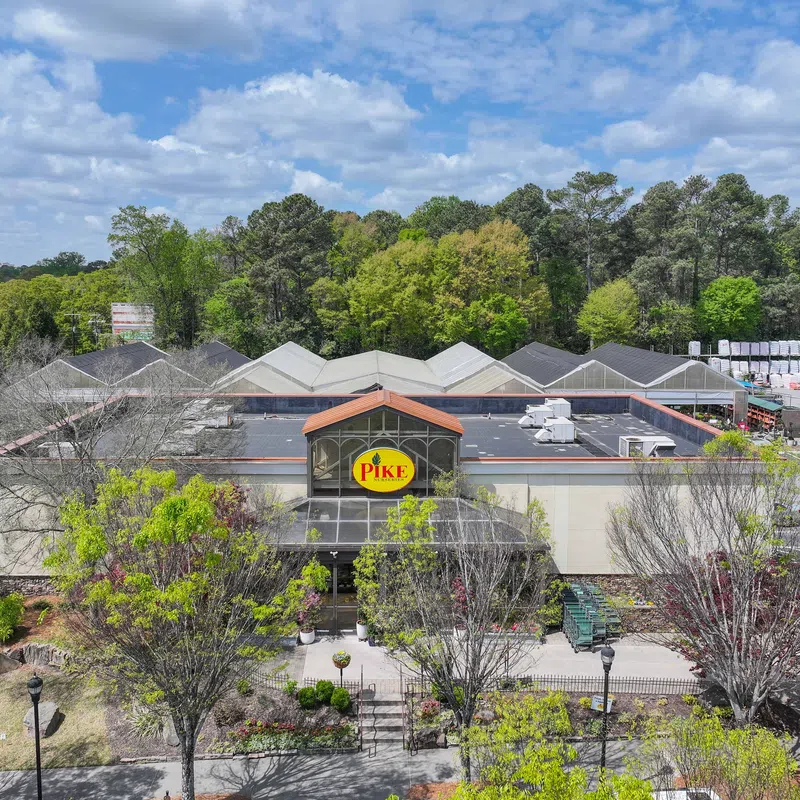 Pike Nursery building with outdoor plants and garden supplies surrounded by trees under a partly cloudy sky.