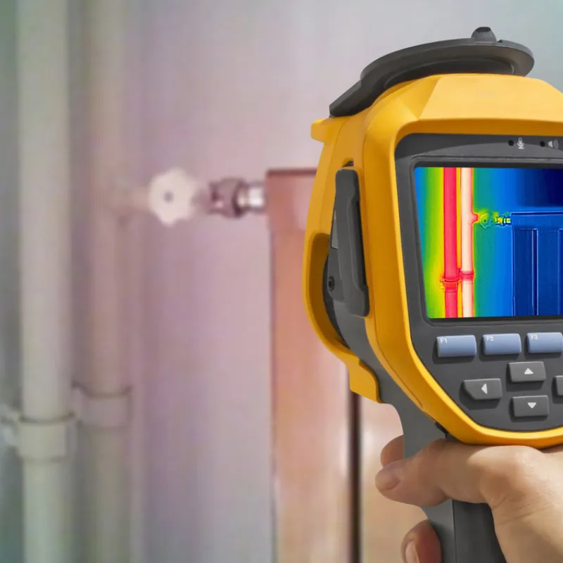 Hand holding a yellow thermal imaging camera showing heat patterns on indoor pipes and radiator.
