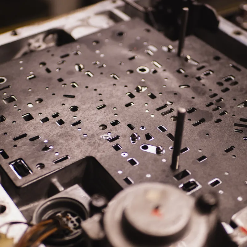 Close up of a transmission, with valve body removed.