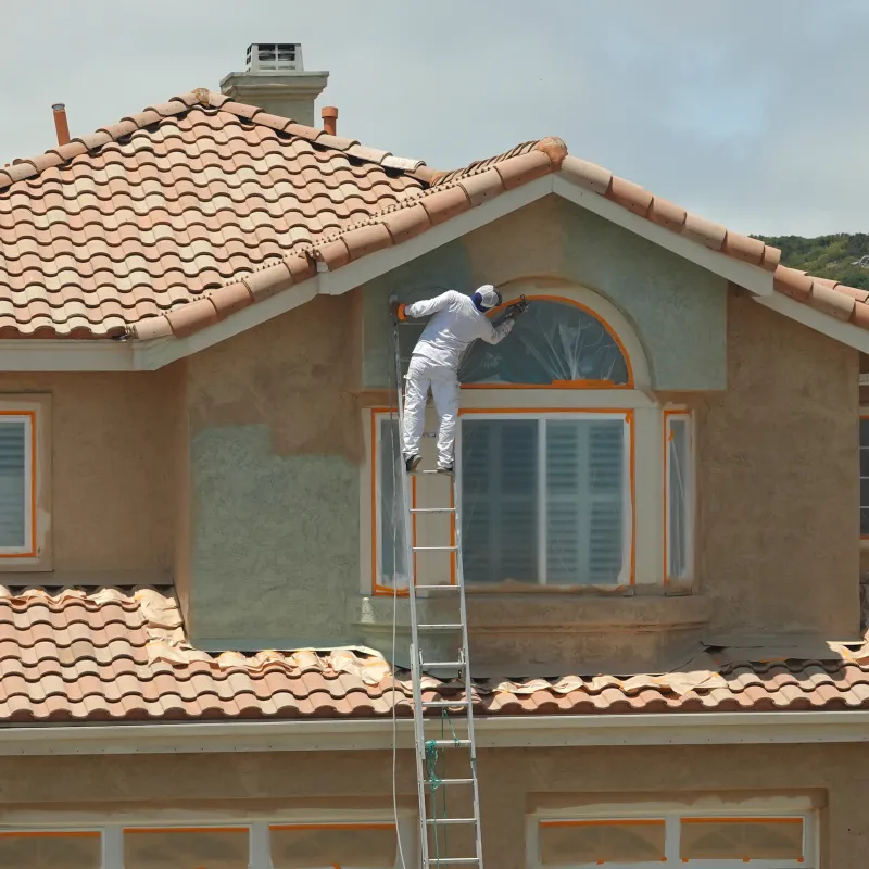 a person on a ladder painting a roof