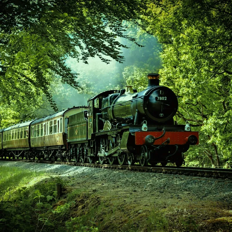 a train travels down the tracks