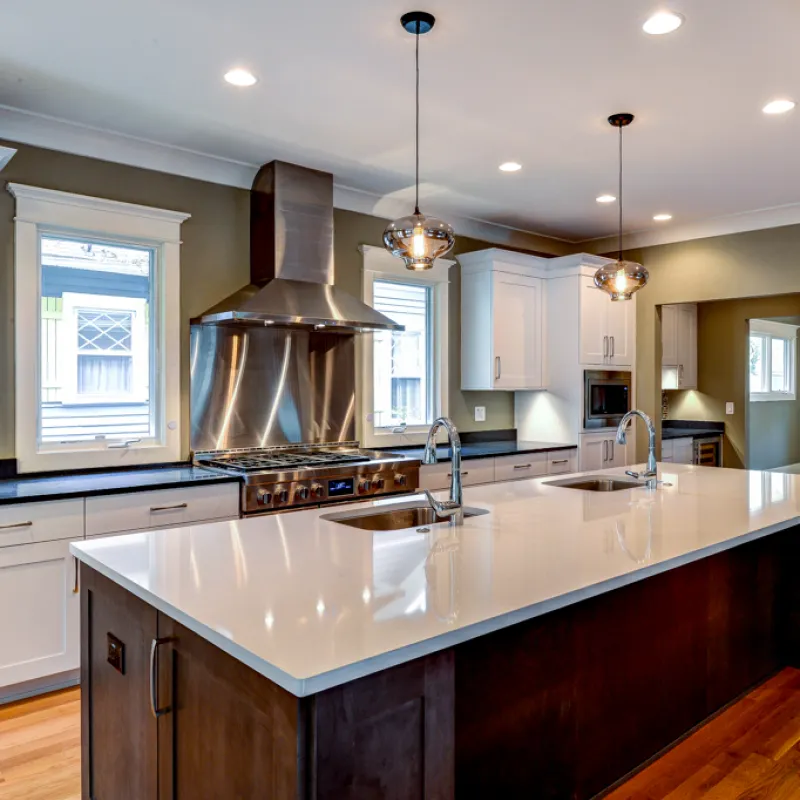 a kitchen with a large island