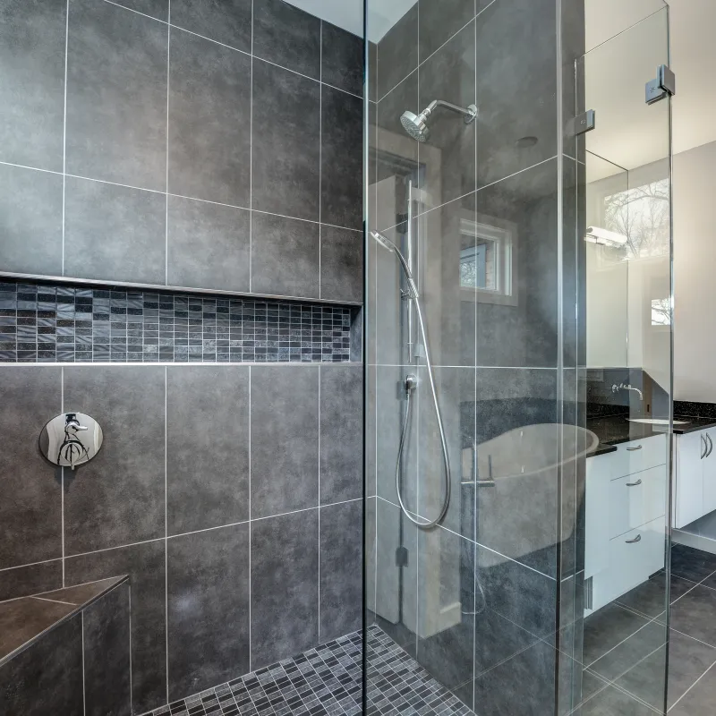 a shower with a glass door