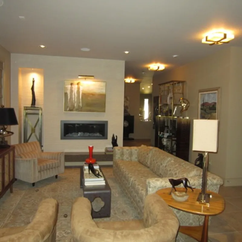 a living room with a fireplace