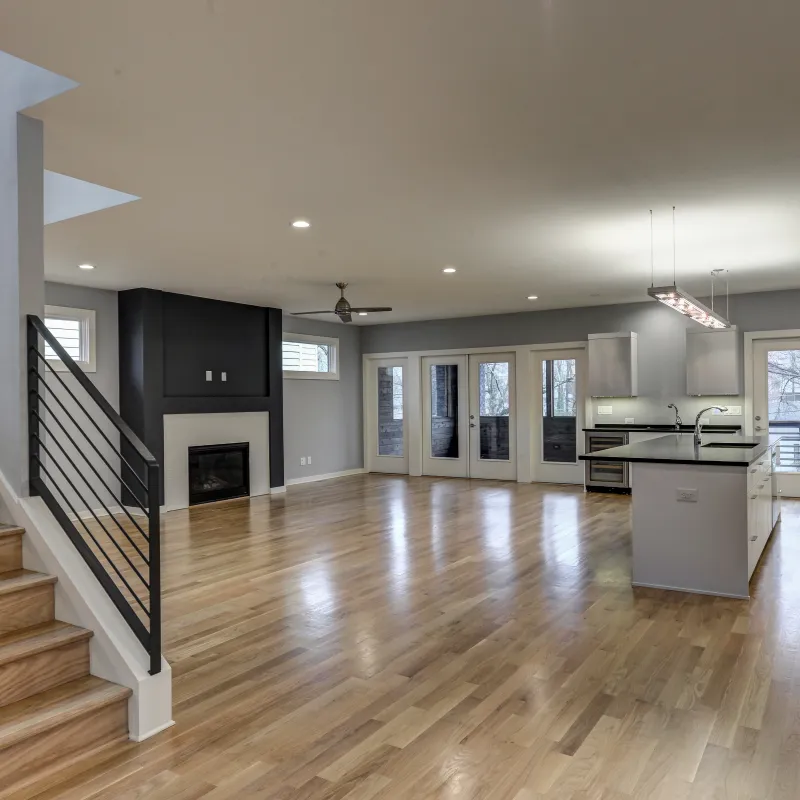 a large room with wood floors