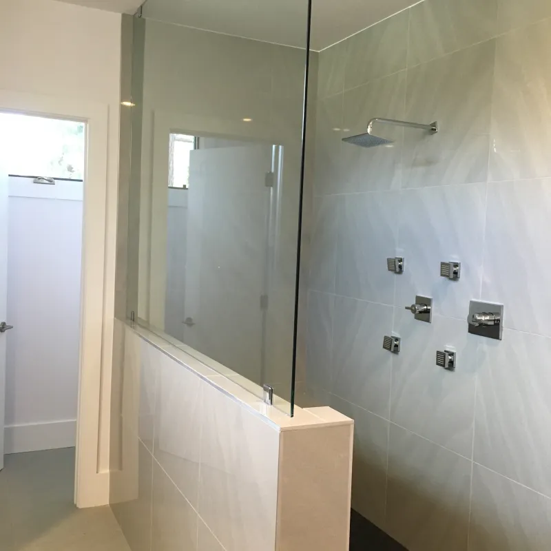 a bathroom with a glass shower