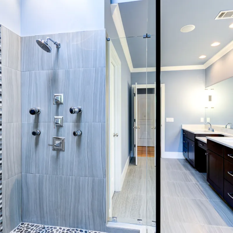 a bathroom with a shower unit
