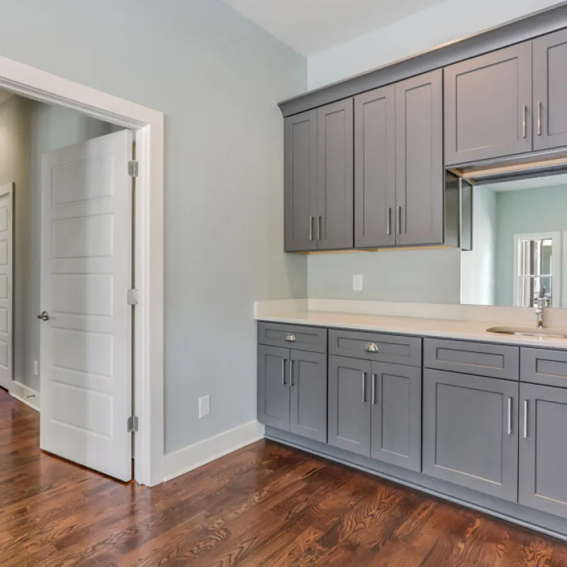 a kitchen with a wood floor