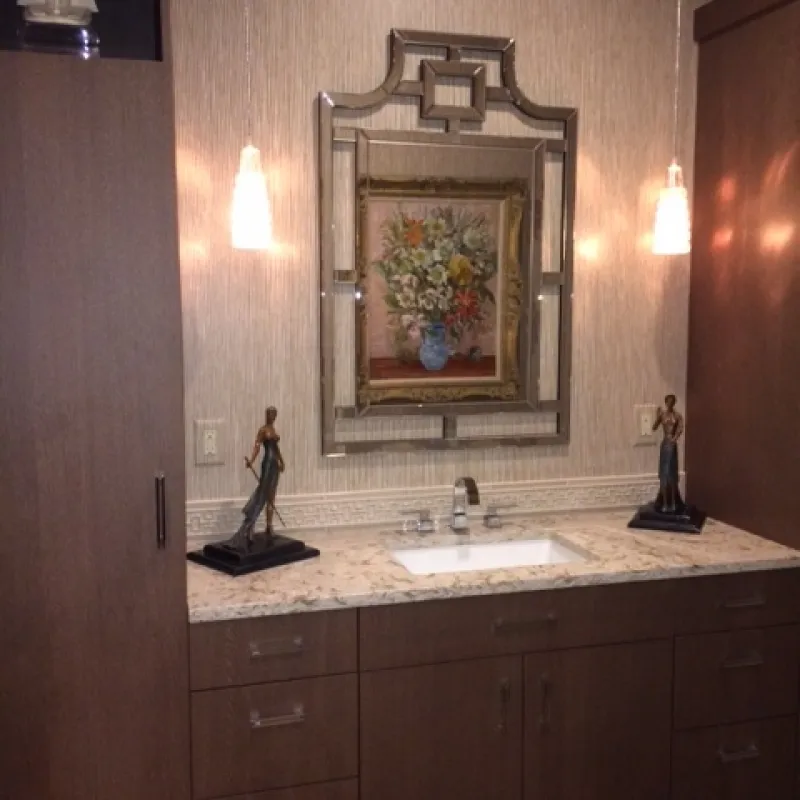 a bathroom with a large mirror