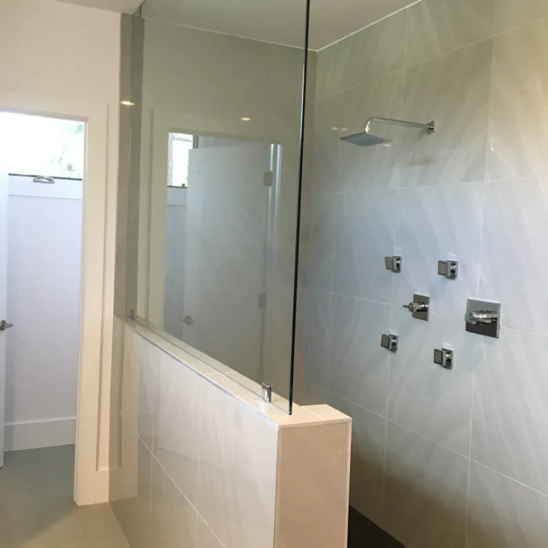 a bathroom with a glass shower