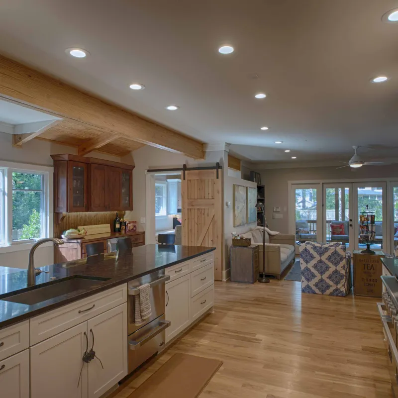 a kitchen with a wood floor