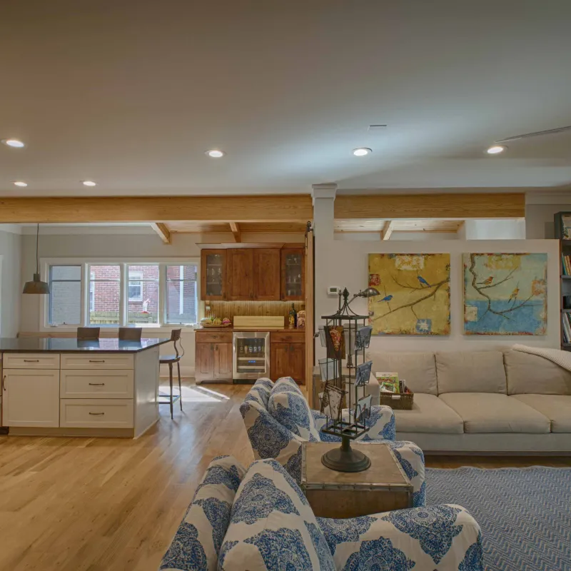 a living room with a couch and a table