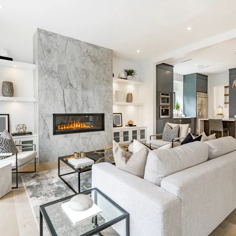 a living room with a fireplace