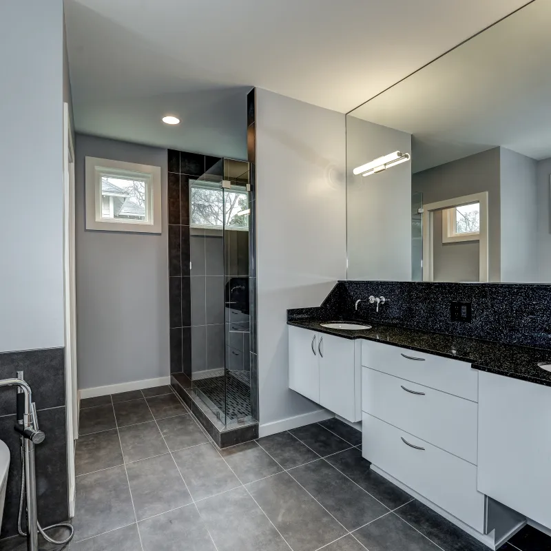 a bathroom with a glass shower