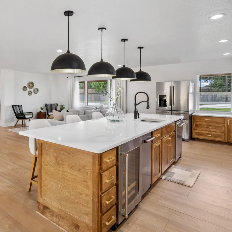 a kitchen with a wood floor